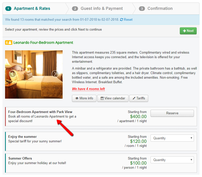 Rate per room type per stay