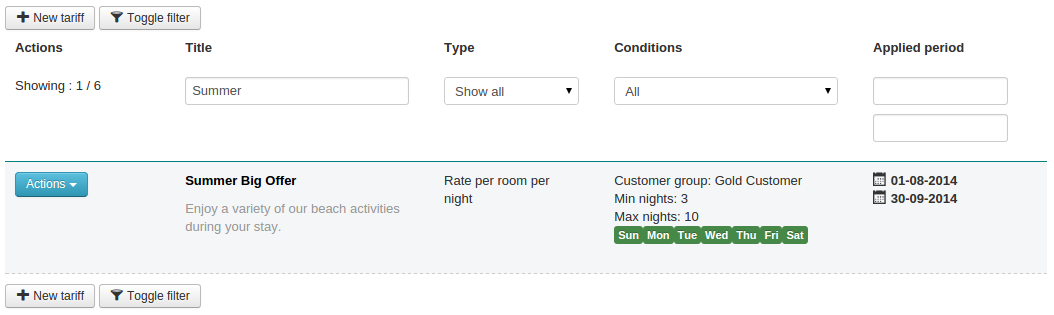 Complex Tariff filter bar