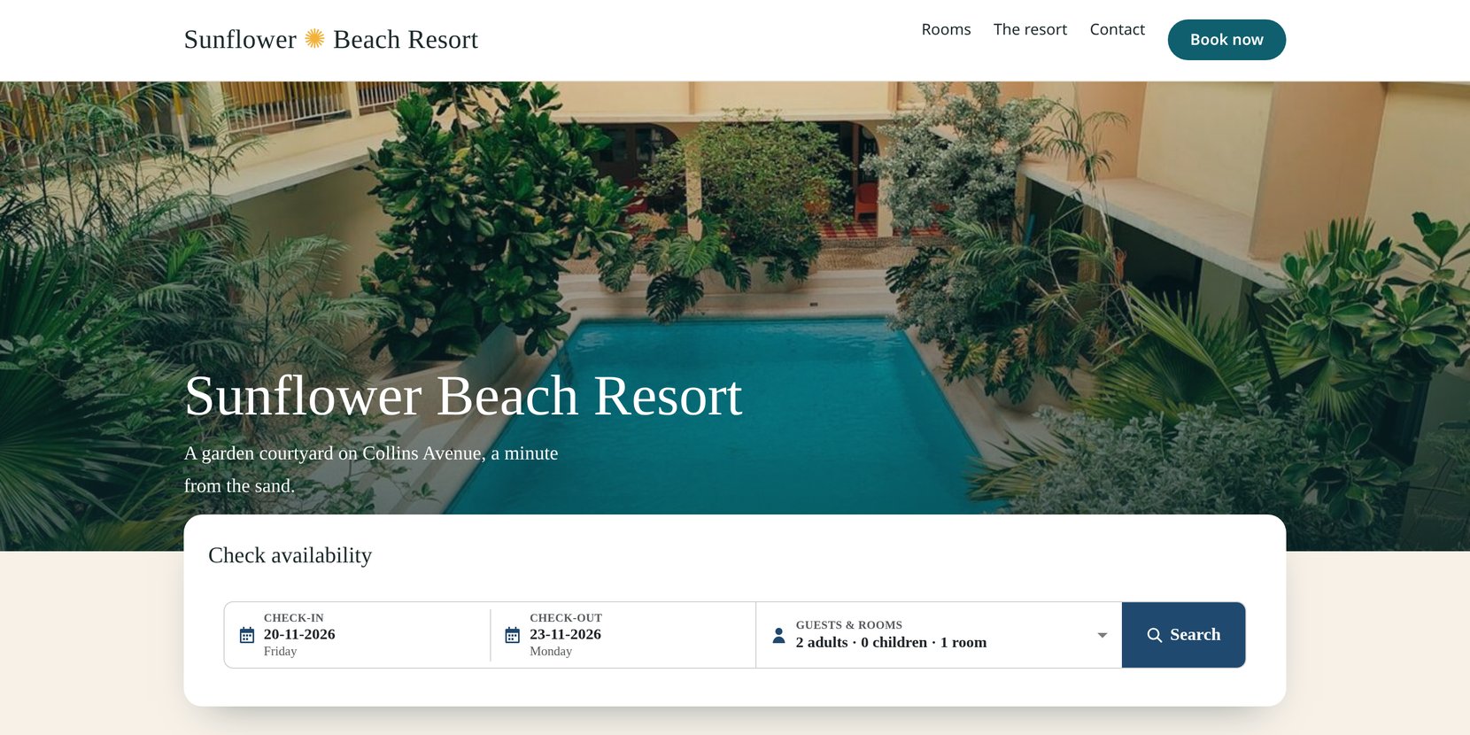 A hotel website with the Solidres booking form under its main photo: check-in 20 November, check-out 23 November, 2 adults and 1 room, and a Search button.