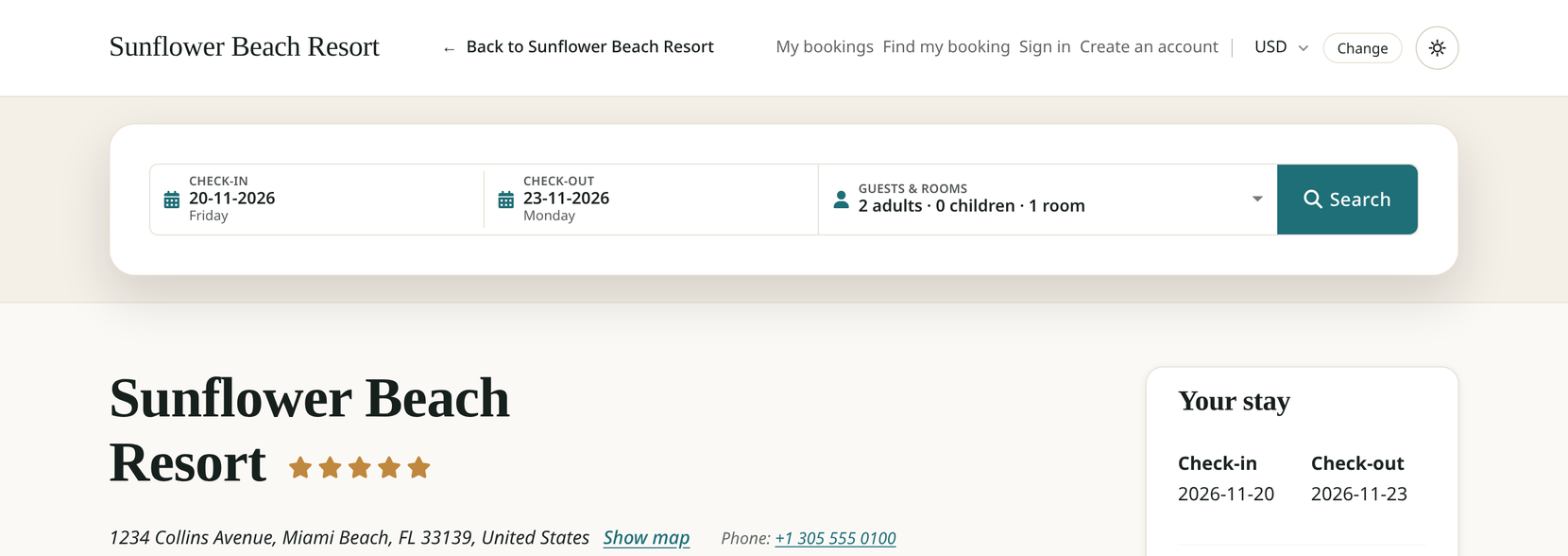 The booking page that search opens: the hotel's name and a Back to Sunflower Beach Resort link in the header, the same dates and guests in the search bar, and the stay's check-in and check-out beside the property's title.