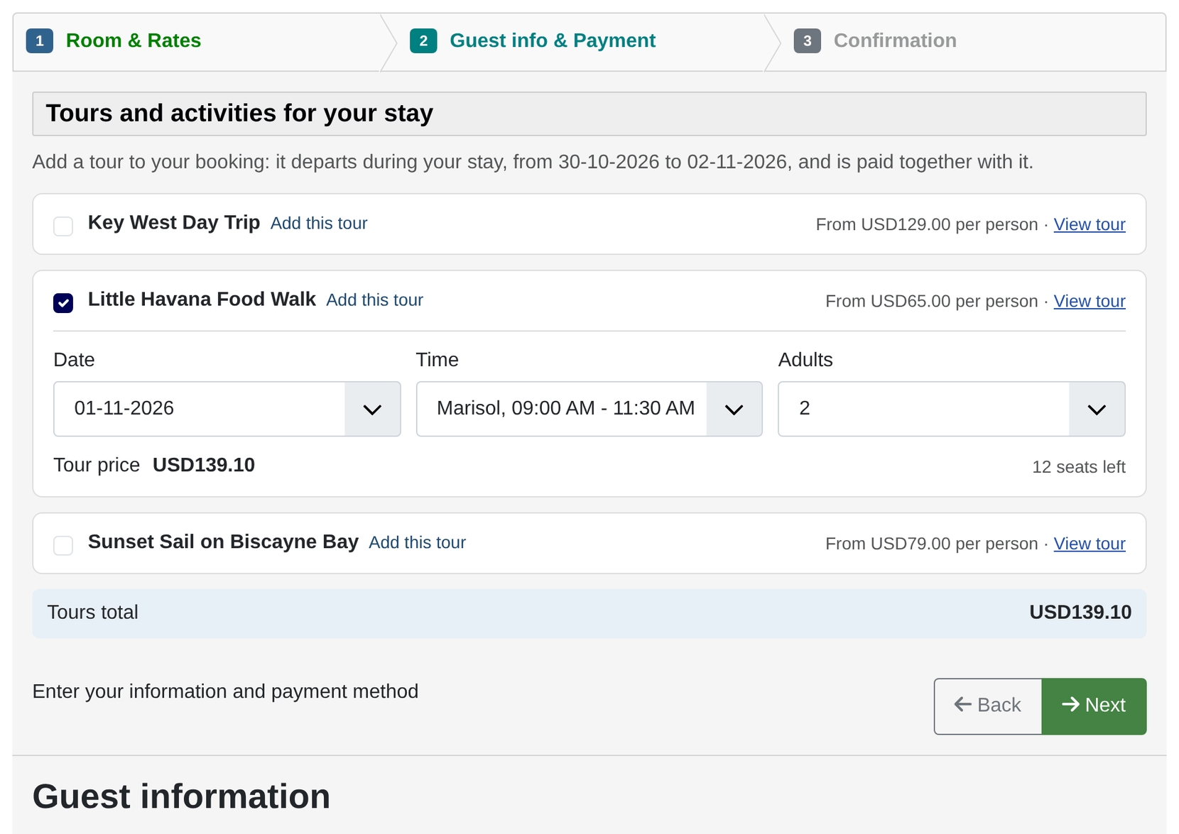 The guest step of a property's booking form with the Tours and activities for your stay panel: three tours departing during the stay, one of them added with its date, time slot, two adults, its price and the seats left, and the tours total below
