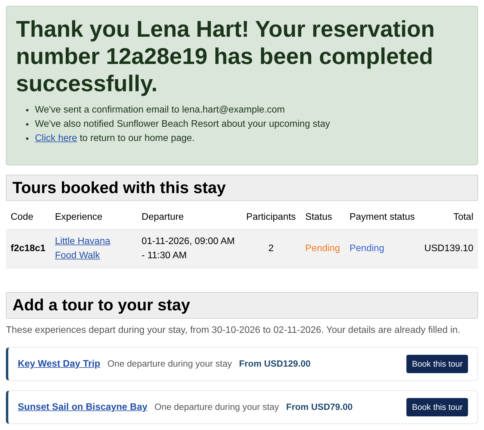 The final screen of a stay at Sunflower Beach Resort: the thank-you message, a Tours booked with this stay table with the Little Havana Food Walk on 1 November for two participants, pending, and an Add a tour to your stay block offering two more tours departing during the stay, each with its starting price and a Book this tour button