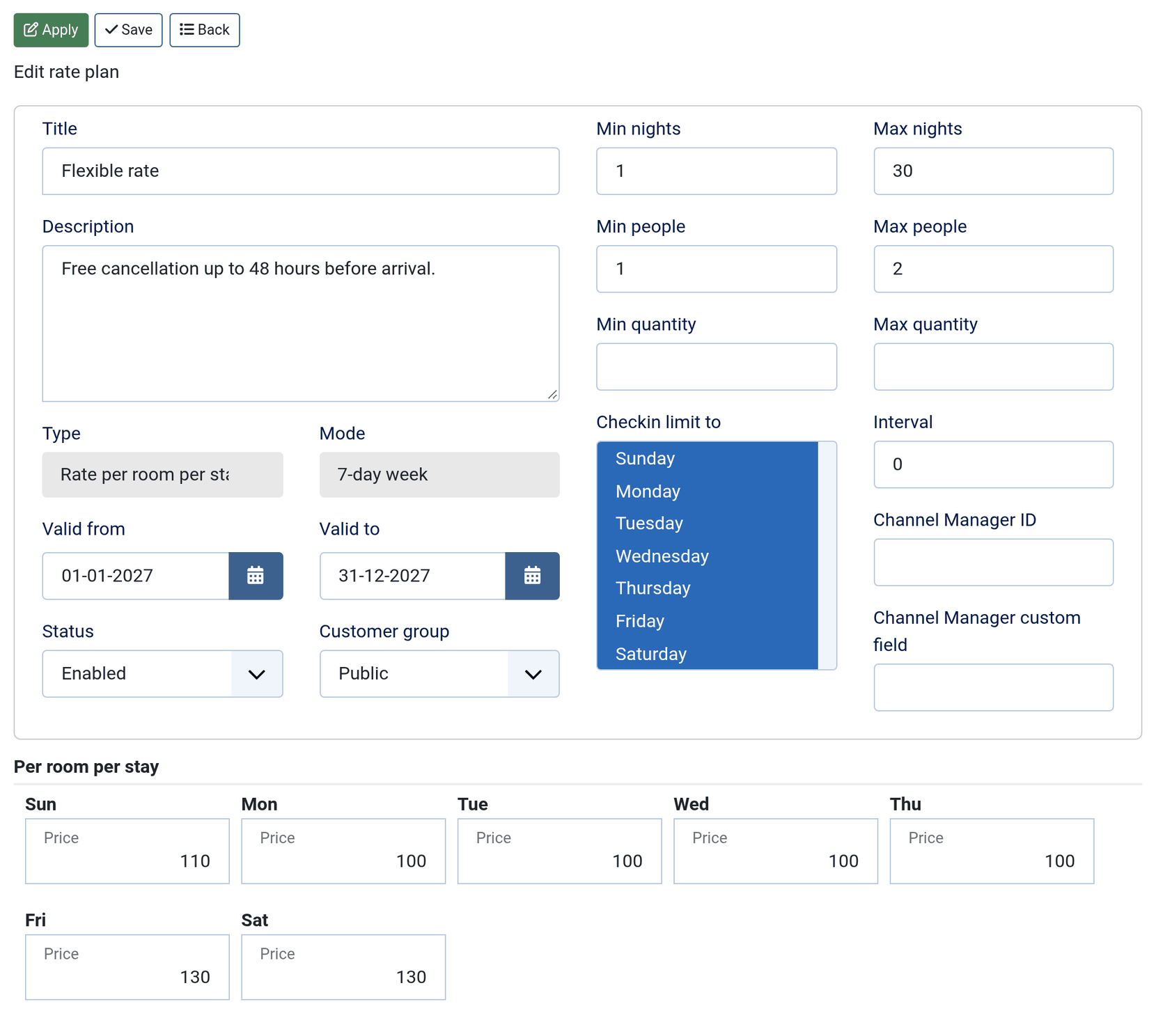 Editing the Flexible rate, a Rate per room per stay in 7-day week mode: its settings and conditions, then one price per day of the week, 110 on Sunday, 100 from Monday to Thursday and 130 on Friday and Saturday