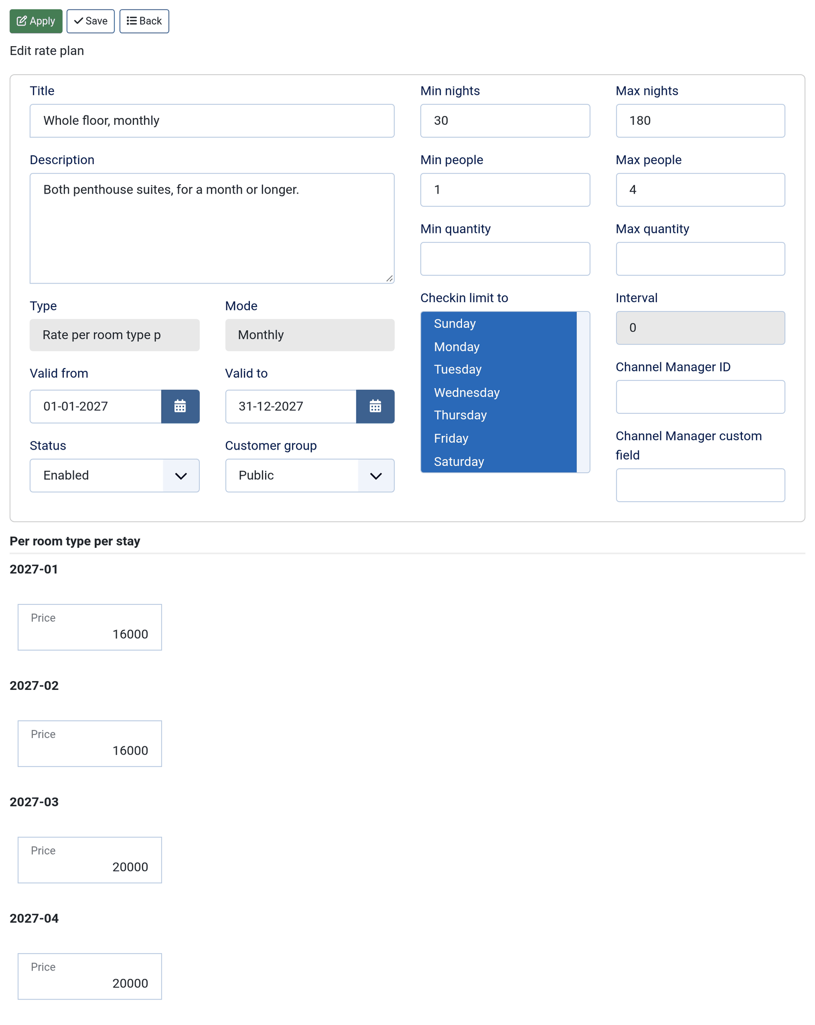 Editing Whole floor, monthly, a Rate per room type per stay in Monthly mode: min nights 30, max nights 180, and one price per month, 16000 for January and February and 20000 from March