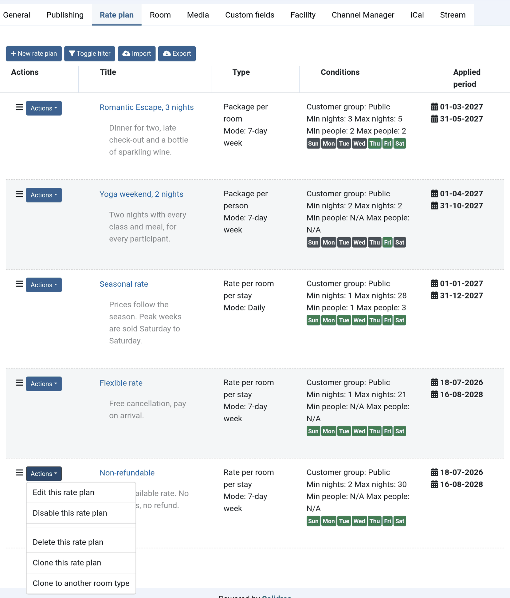 The Rate plan tab of a room type: the New rate plan, Toggle filter, Import and Export buttons, then five rate plans, each with its type and mode, its conditions, a badge for every check-in day and its applied period. The Actions menu of Non-refundable is open: Edit, Disable, Delete, Clone and Clone to another room type