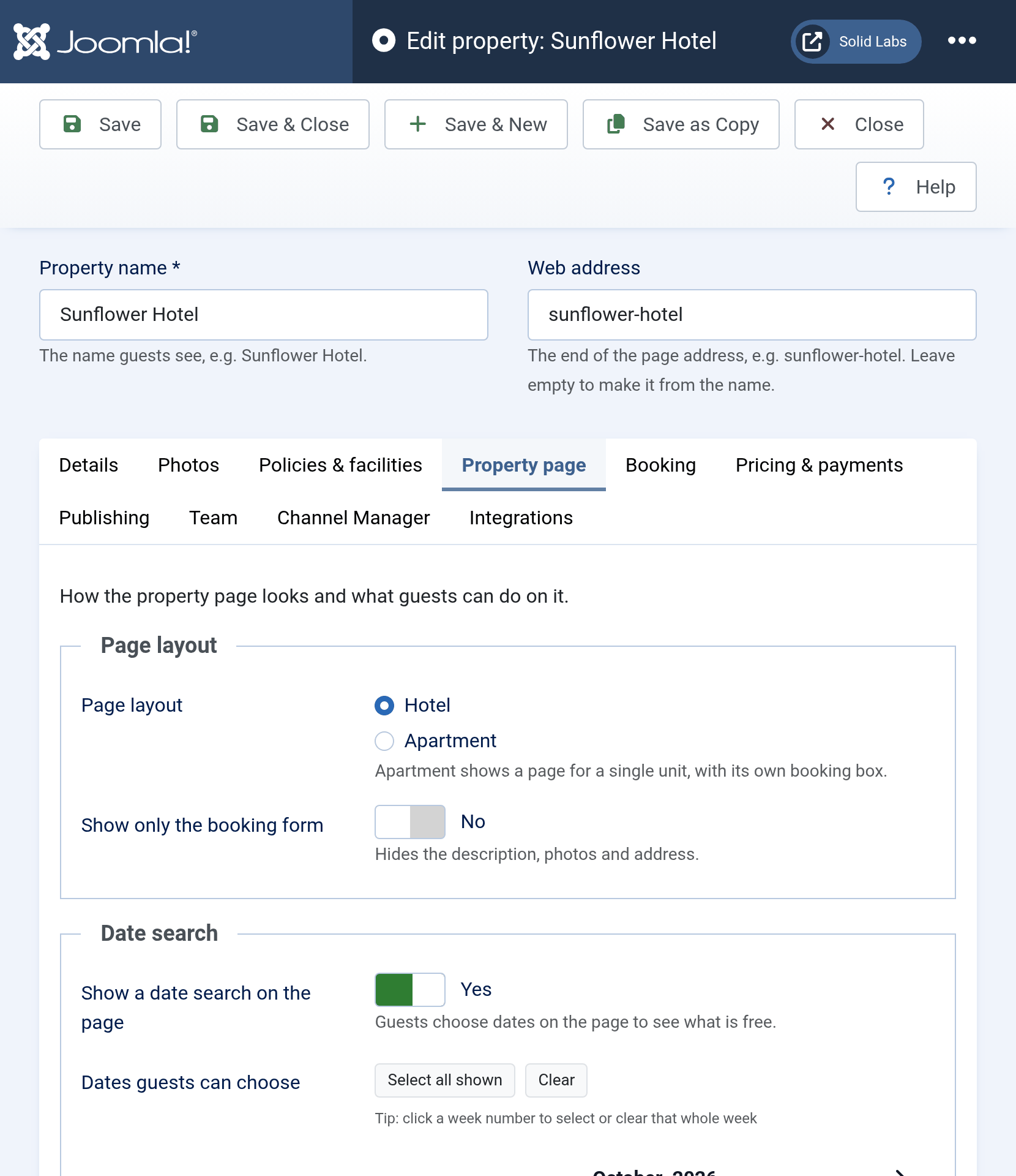 The Property page tab: Page layout set to Hotel, and the Date search section switched on