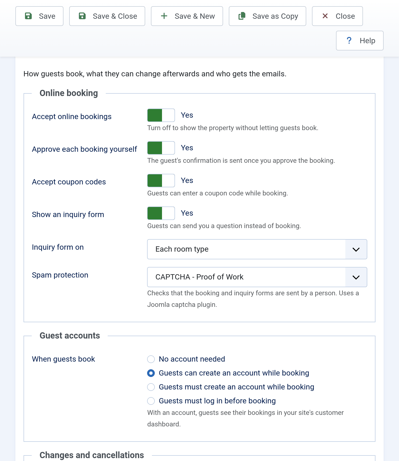 The Booking tab: the Online booking switches, and the Guest accounts section with When guests book and its four choices
