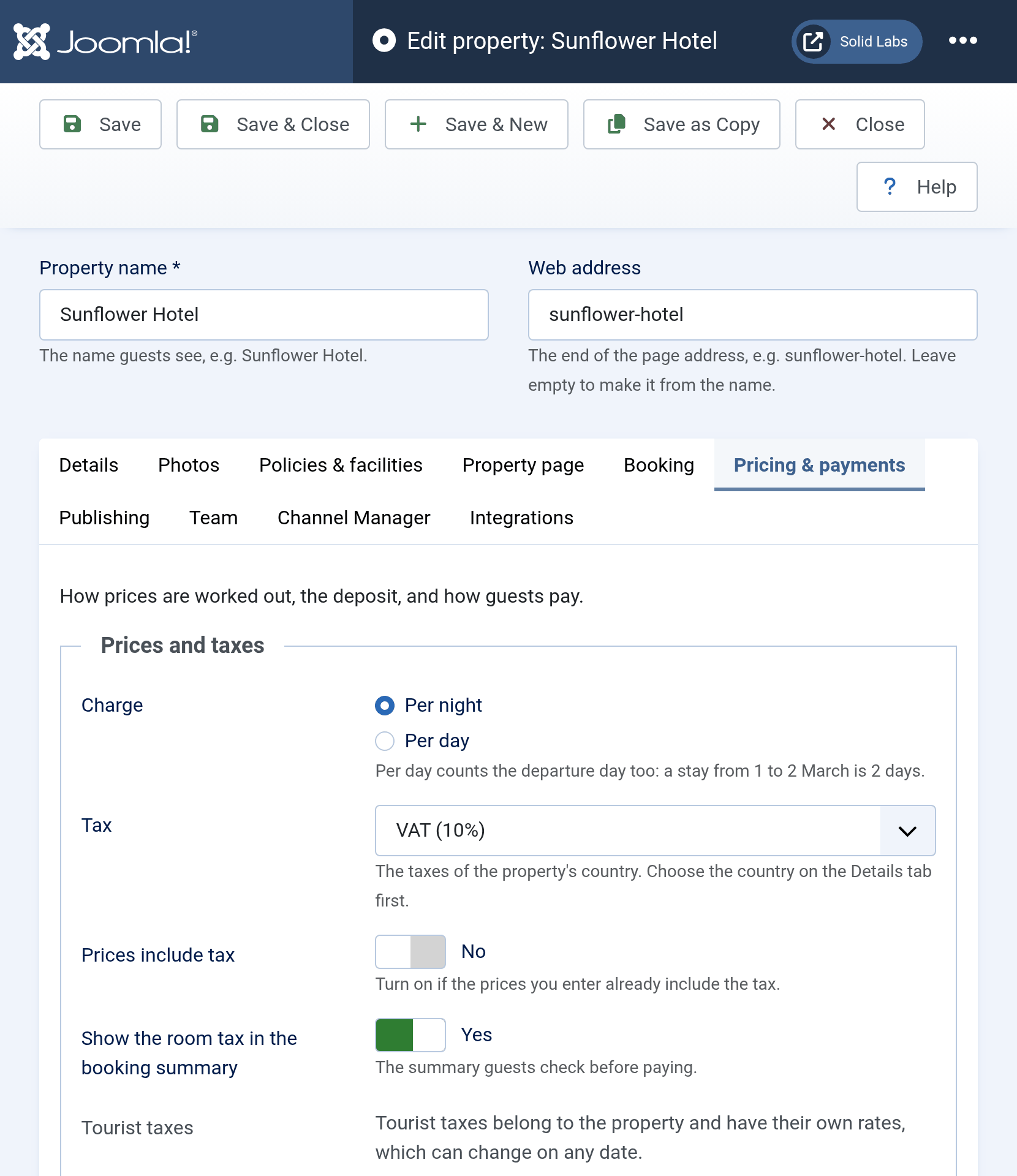 The Pricing and payments tab: the Prices and taxes section with Charge per night, the tax, Prices include tax and the Set up tourist taxes button