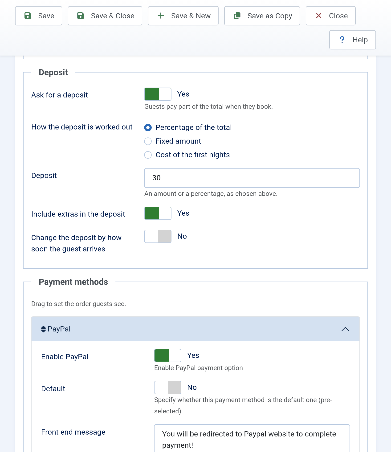 The Deposit section: Ask for a deposit on, How the deposit is worked out set to Percentage of the total, and a deposit of 30