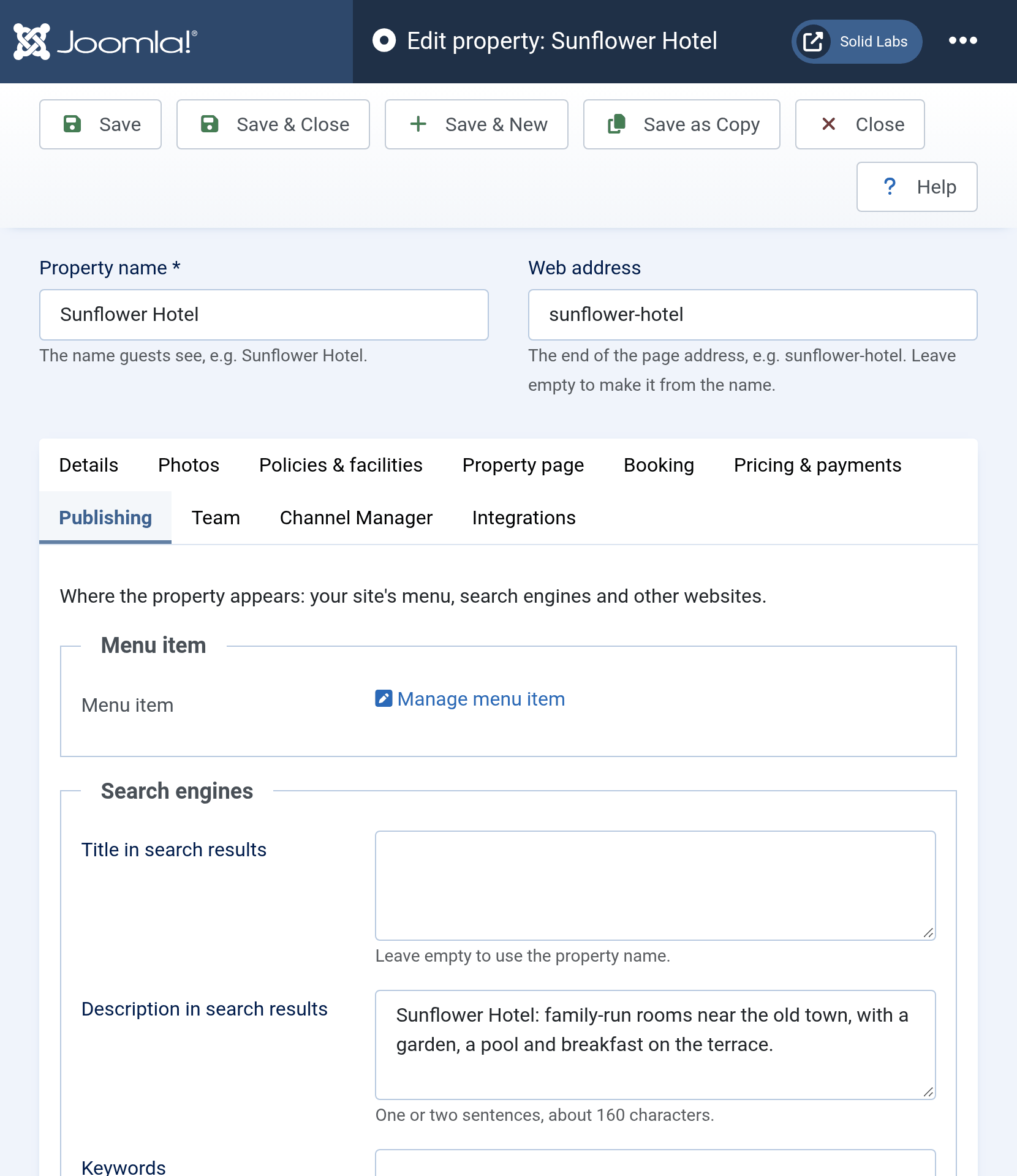 The Publishing tab: a Manage menu item link, and the Search engines section with the title and description shown in search results