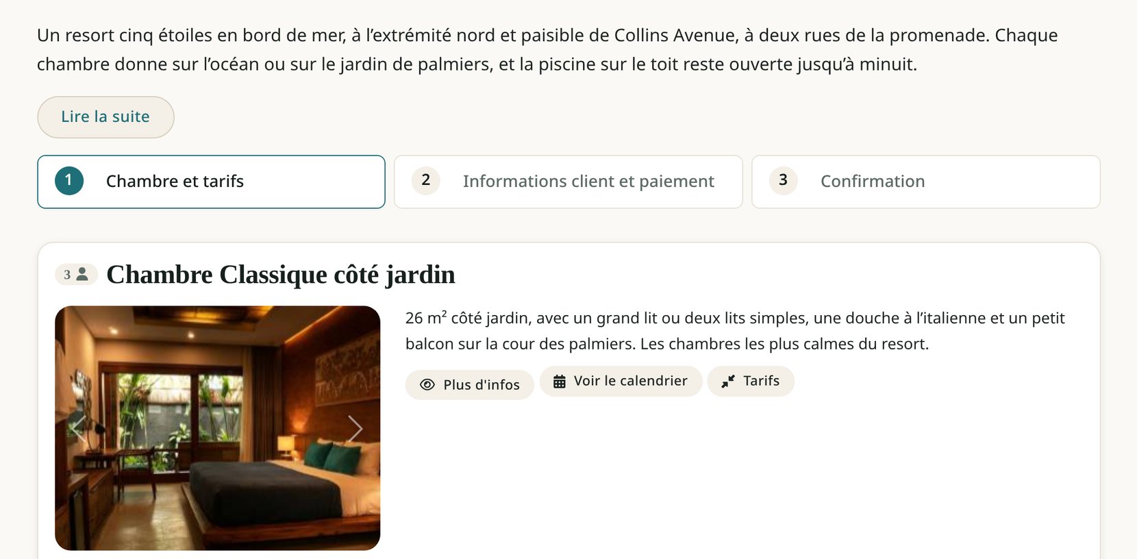 The property page in French: the description, the booking steps Chambre et tarifs, Informations client et paiement and Confirmation, and the room type Chambre Classique côté jardin with its French description and the buttons Plus d'infos, Voir le calendrier and Tarifs.