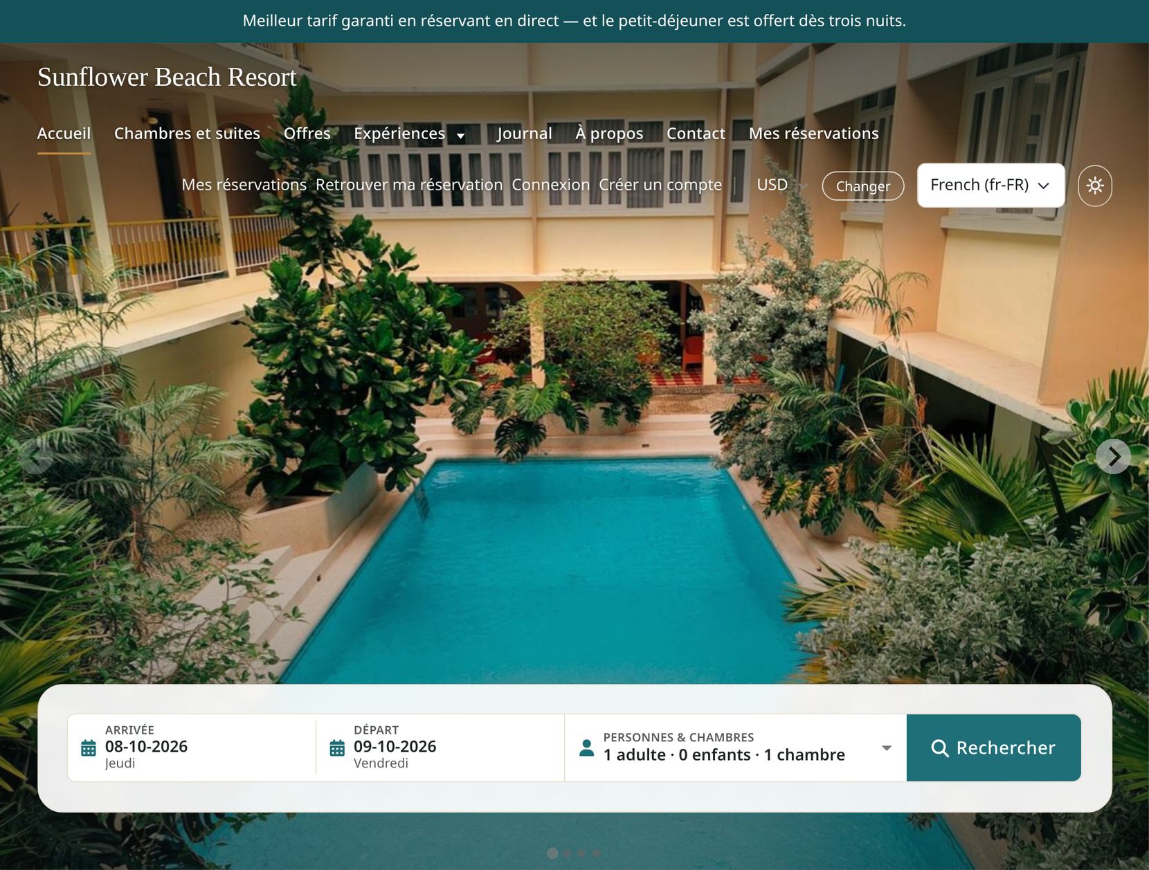 Sunflower Beach Resort in French: the announcement bar, the menu (Accueil, Chambres et suites, Offres), the language switcher set to French and the booking bar with Arrivée, Départ and Rechercher