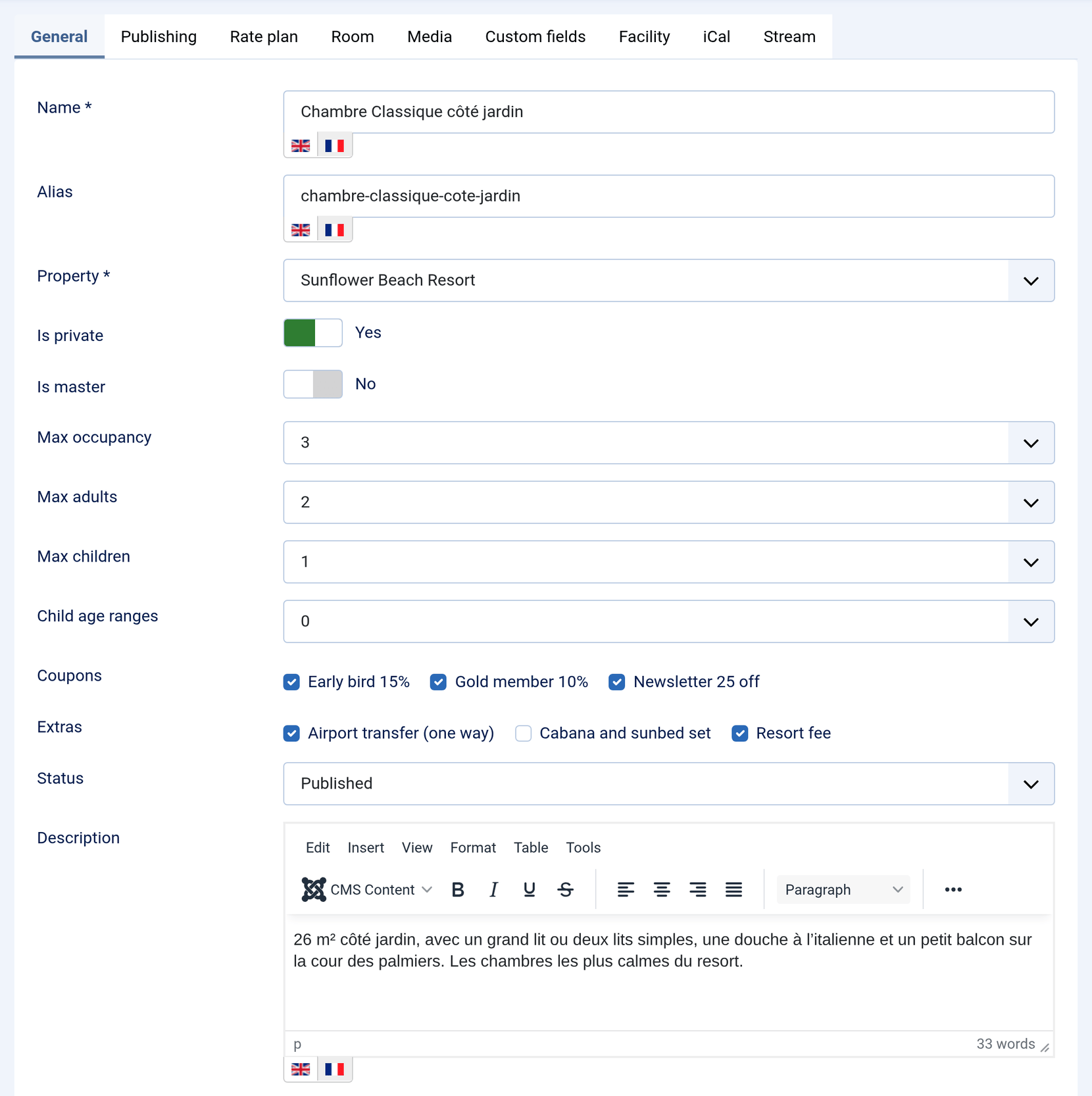 The General tab of a room type with its French tabs open: the name Chambre Classique côté jardin, the alias chambre-classique-cote-jardin and the French description in the editor, each with an English and a French flag under it.