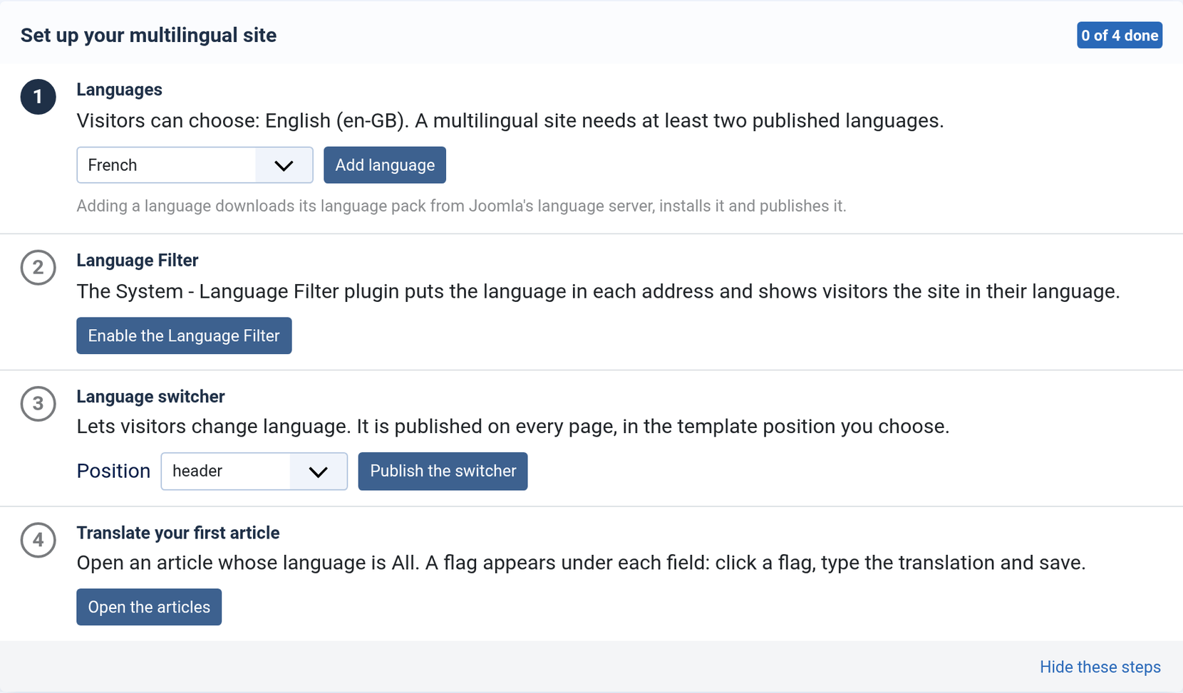 Set up your multilingual site, 0 of 4 done: 1 Languages, with French chosen and an Add language button; 2 Language Filter, with Enable the Language Filter; 3 Language switcher, with the header position chosen and Publish the switcher; 4 Translate your first article.