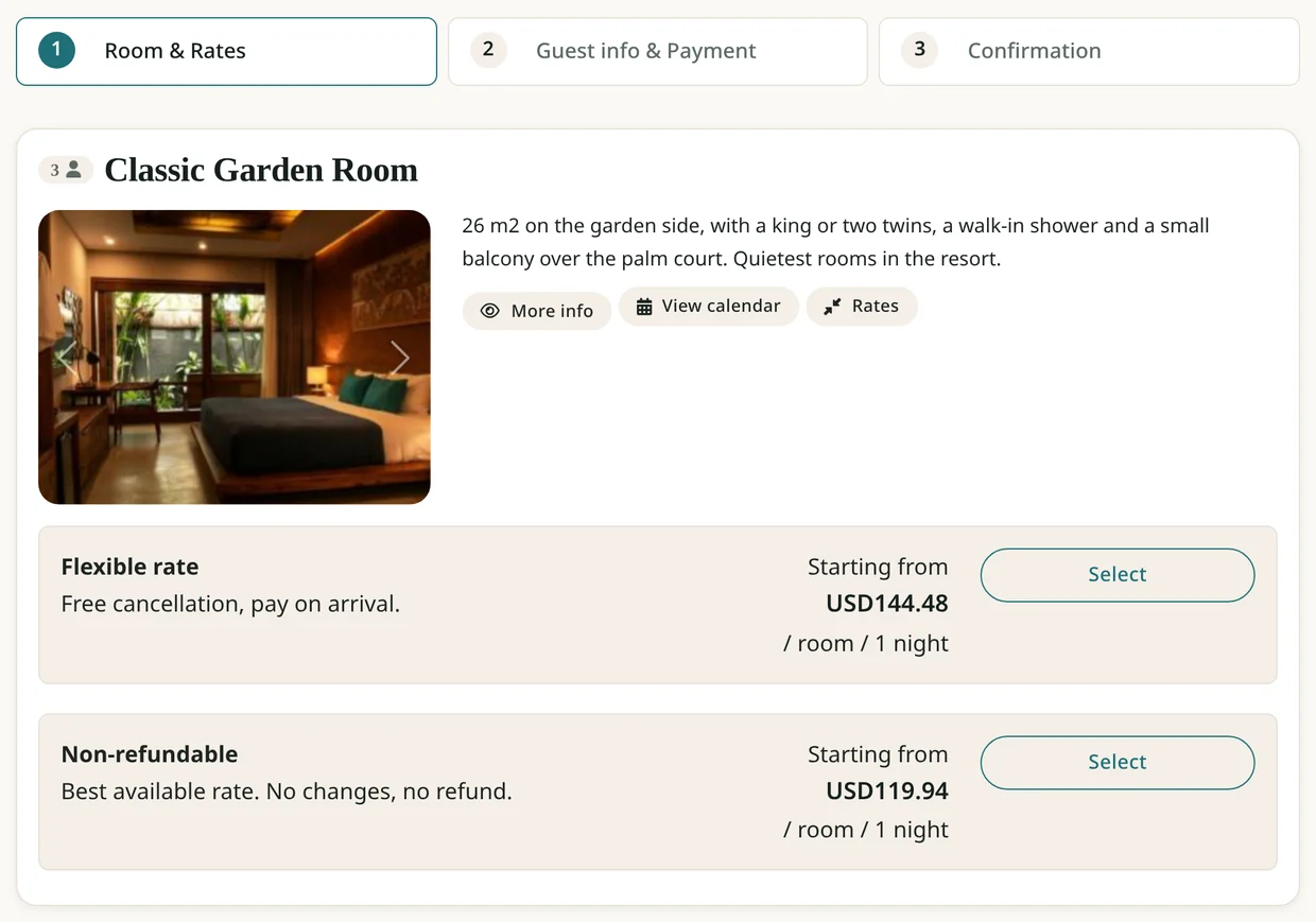 A hotel's Solidres booking page, step 1 of 3: the Classic Garden Room with its photo and two rates, each priced per night with a Select button.